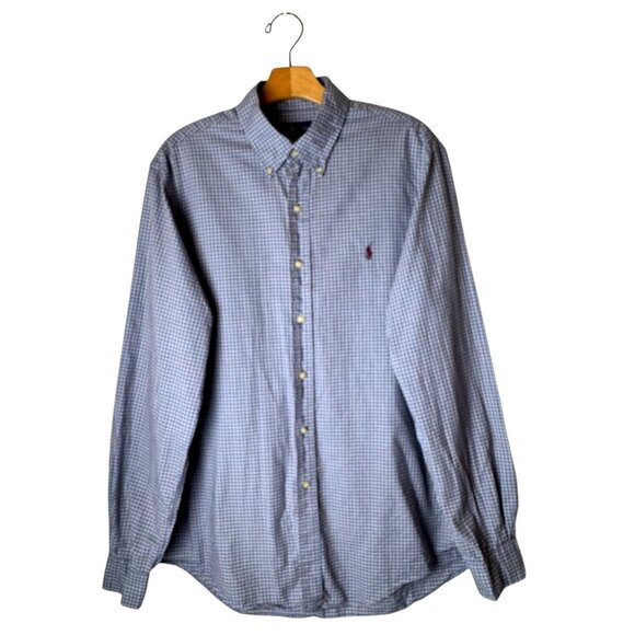 Ralph Lauren Shirt Men Large Blue White Checked Button‎ Down Career Preppy - Picture 1 of 10